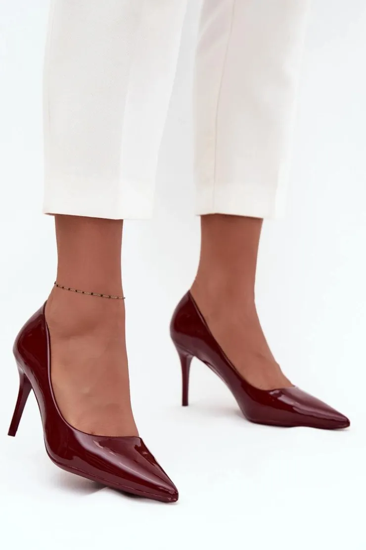 Boto Czółenka Klasyczne*Lakierowane Eko Skórzane Szpilki Damskie Ze Szpiczastymi Noskami Bordowe Jadira