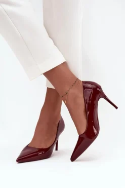 Boto Czółenka Klasyczne*Lakierowane Eko Skórzane Szpilki Damskie Ze Szpiczastymi Noskami Bordowe Jadira