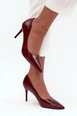 Boto Czółenka Klasyczne*Lakierowane Eko Skórzane Szpilki Damskie Ze Szpiczastymi Noskami Bordowe Jadira