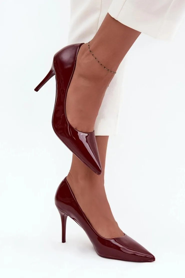 Boto Czółenka Klasyczne*Lakierowane Eko Skórzane Szpilki Damskie Ze Szpiczastymi Noskami Bordowe Jadira