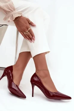 Boto Czółenka Klasyczne*Lakierowane Eko Skórzane Szpilki Damskie Ze Szpiczastymi Noskami Bordowe Jadira