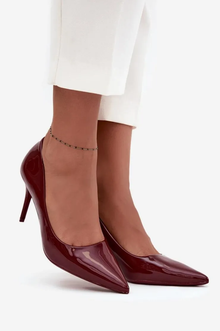 Boto Czółenka Klasyczne*Lakierowane Eko Skórzane Szpilki Damskie Ze Szpiczastymi Noskami Bordowe Jadira