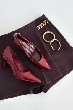 Boto Czółenka Klasyczne*Lakierowane Eko Skórzane Szpilki Damskie Ze Szpiczastymi Noskami Bordowe Jadira