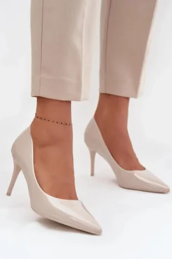 Damskie Boto Lakierowane Eko Skórzane Szpilki Damskie Ze Szpiczastymi Noskami Jasnobeżowe Jadira