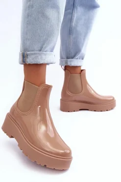 Damskie Big Star Shoes Lakierowane Kalosze Botki Na Platformie Big Star MM274396 Beżowe