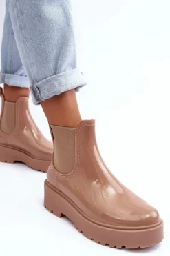 Damskie Big Star Shoes Lakierowane Kalosze Botki Na Platformie Big Star MM274396 Beżowe