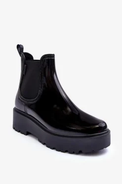 Big Star Shoes Czarne Botki|Botki Płaskie*Lakierowane Kalosze Botki Na Platformie Big Star MM274395 Czarne Czarny