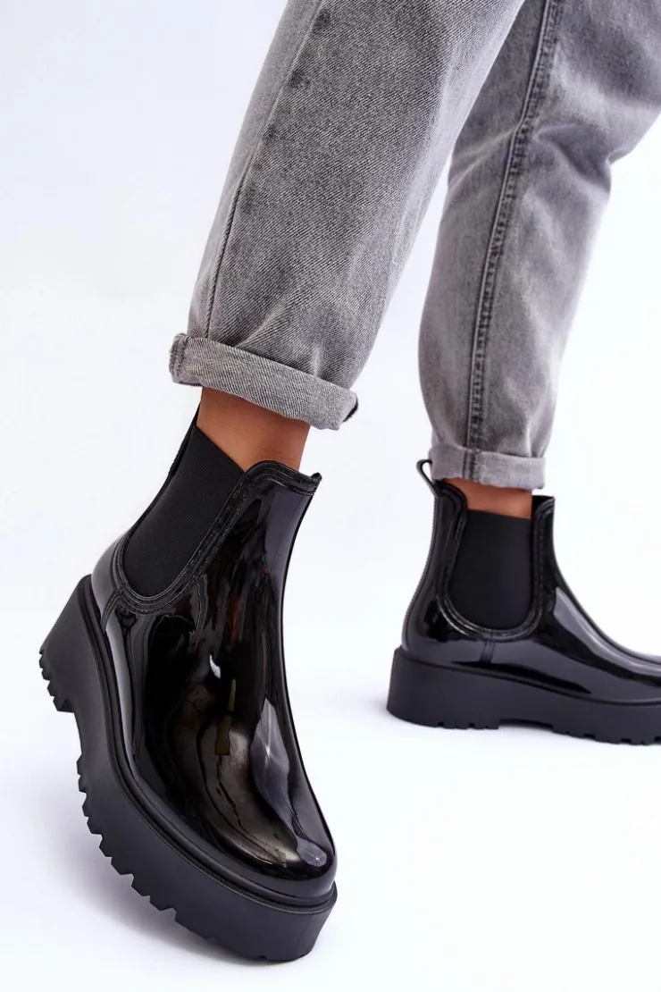 Big Star Shoes Czarne Botki|Botki Płaskie*Lakierowane Kalosze Botki Na Platformie Big Star MM274395 Czarne Czarny