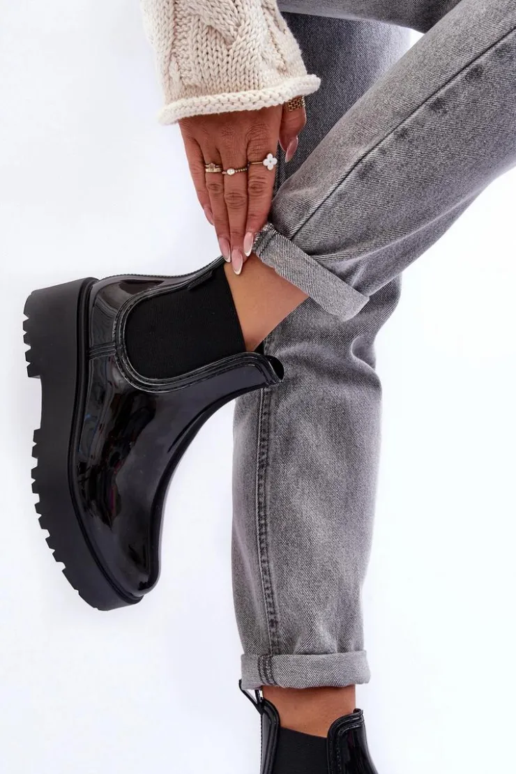 Big Star Shoes Czarne Botki|Botki Płaskie*Lakierowane Kalosze Botki Na Platformie Big Star MM274395 Czarne Czarny