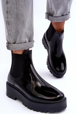 Big Star Shoes Czarne Botki|Botki Płaskie*Lakierowane Kalosze Botki Na Platformie Big Star MM274395 Czarne Czarny