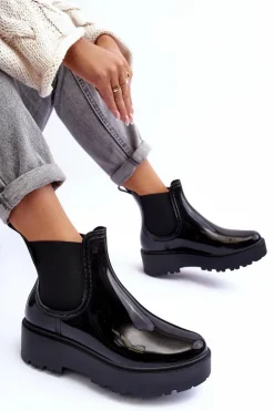 Big Star Shoes Czarne Botki|Botki Płaskie*Lakierowane Kalosze Botki Na Platformie Big Star MM274395 Czarne Czarny