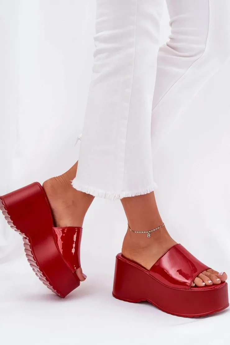Boto Klapki Na Koturnie|Klapki Na Platformie*Lakierowane Klapki Damskie Na Platformie I Koturnie Czerwone Nellevia