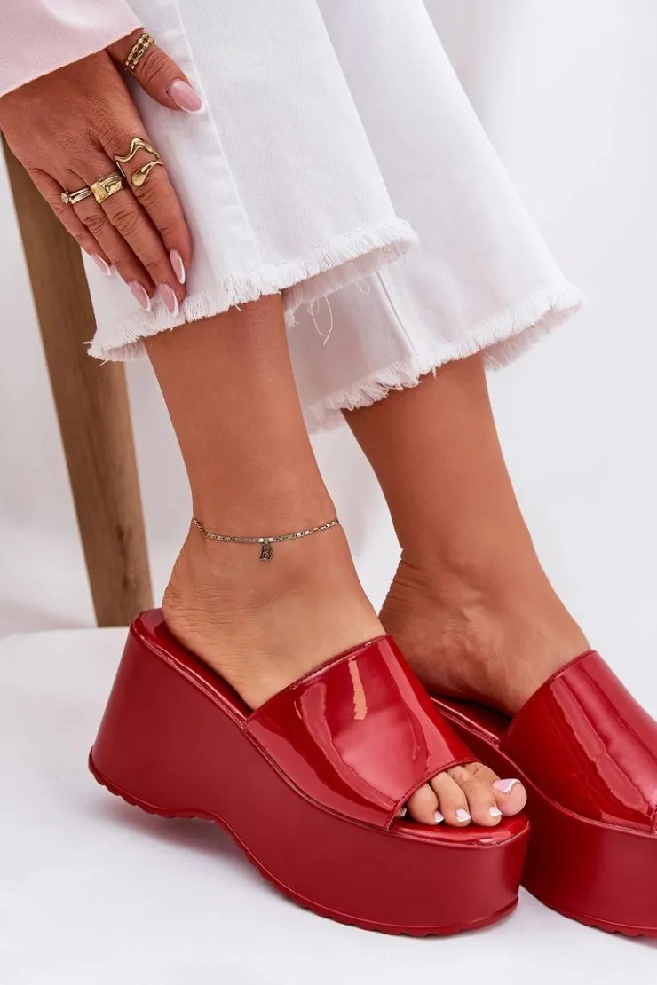 Boto Klapki Na Koturnie|Klapki Na Platformie*Lakierowane Klapki Damskie Na Platformie I Koturnie Czerwone Nellevia