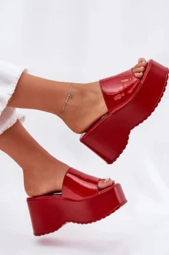 Boto Klapki Na Koturnie|Klapki Na Platformie*Lakierowane Klapki Damskie Na Platformie I Koturnie Czerwone Nellevia