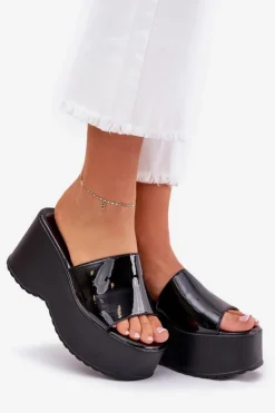 New Boto Lakierowane Klapki Damskie Na Platformie I Koturnie Czarne Nellevia