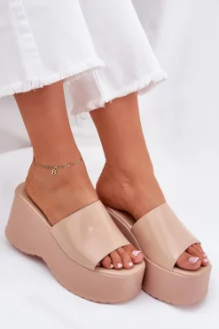 Boto Klapki Na Koturnie|Klapki Na Platformie*Lakierowane Klapki Damskie Na Platformie I Koturnie Beżowe Nellevia Beżowy