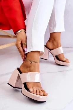 Damskie Boto Lakierowane Klapki Na Słupku Jasnobeżowe Seattle