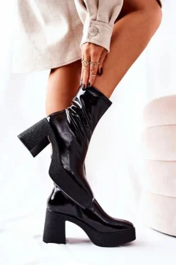 Boto Kozaki Na Obcasie|Botki Na Słupku*Lakierowane Kozaki Botki Na Słupku Czarne Myrialla