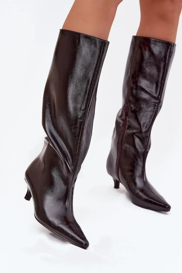 Damskie Boto Lakierowane Kozaki Damskie Na Niskim Obcasie Bordowe Mireva