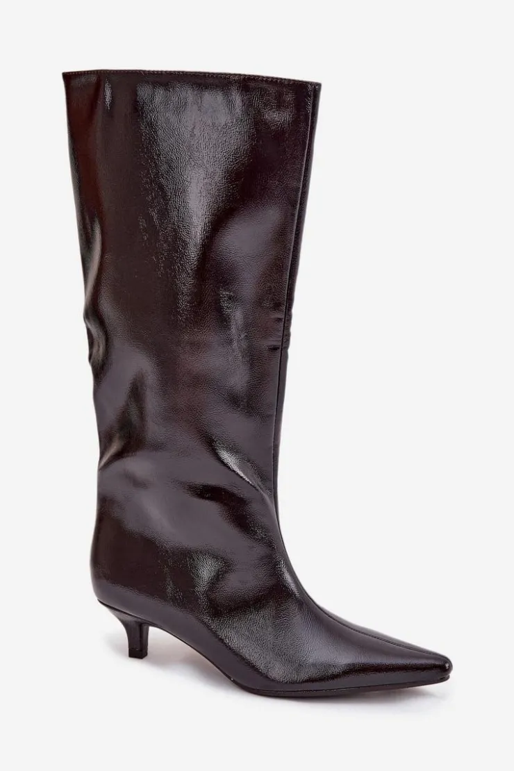 Damskie Boto Lakierowane Kozaki Damskie Na Niskim Obcasie Bordowe Mireva
