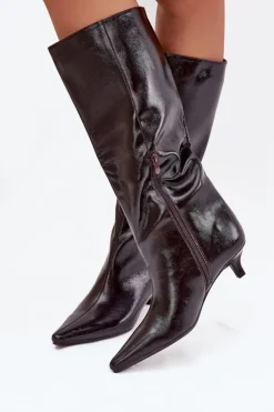 Damskie Boto Lakierowane Kozaki Damskie Na Niskim Obcasie Bordowe Mireva