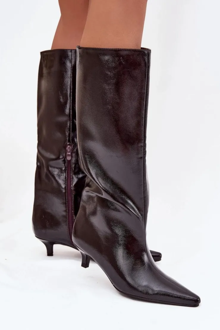 Damskie Boto Lakierowane Kozaki Damskie Na Niskim Obcasie Bordowe Mireva