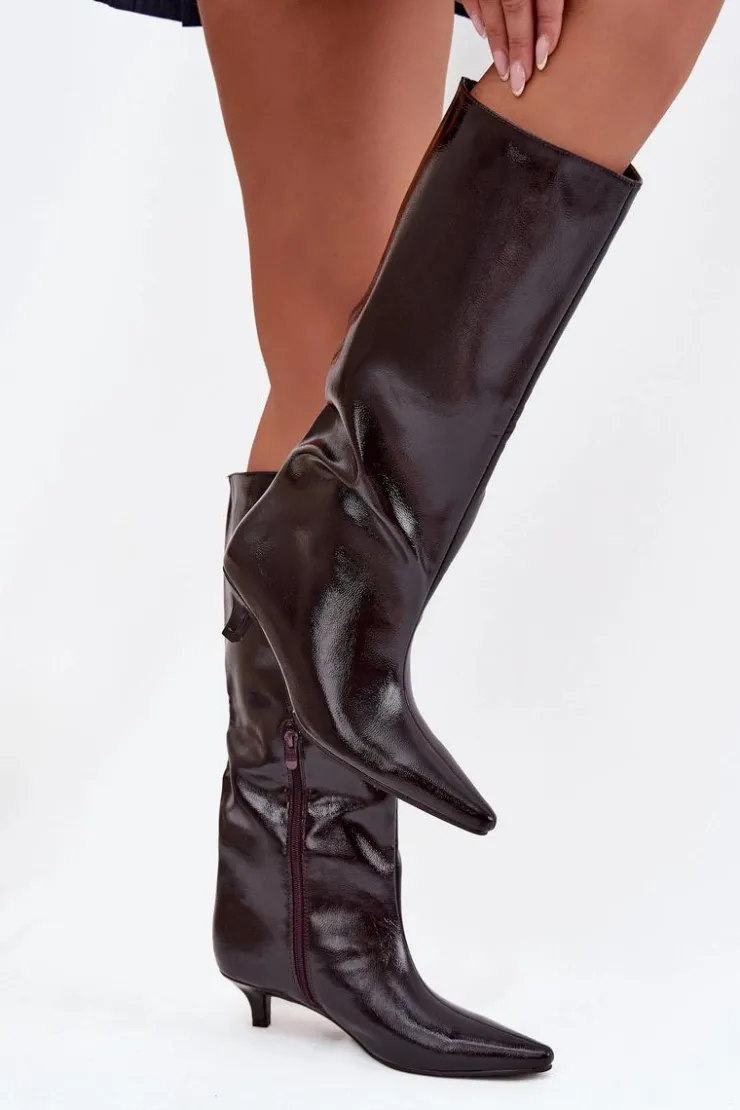 Damskie Boto Lakierowane Kozaki Damskie Na Niskim Obcasie Bordowe Mireva