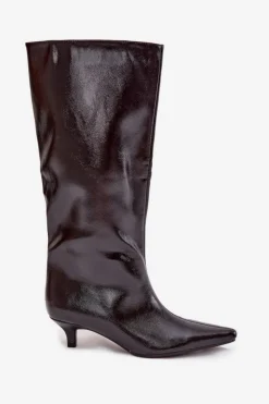 Damskie Boto Lakierowane Kozaki Damskie Na Niskim Obcasie Bordowe Mireva