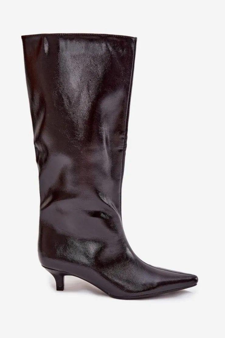 Damskie Boto Lakierowane Kozaki Damskie Na Niskim Obcasie Bordowe Mireva