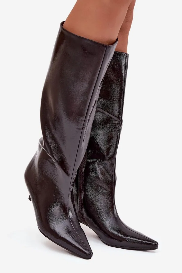 Damskie Boto Lakierowane Kozaki Damskie Na Niskim Obcasie Bordowe Mireva