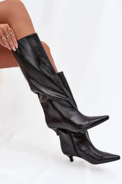 Boto Kozaki Ocieplane|Kozaki Na Szpilce*Lakierowane Kozaki Damskie Na Niskim Obcasie Czarne Mireva Czarny