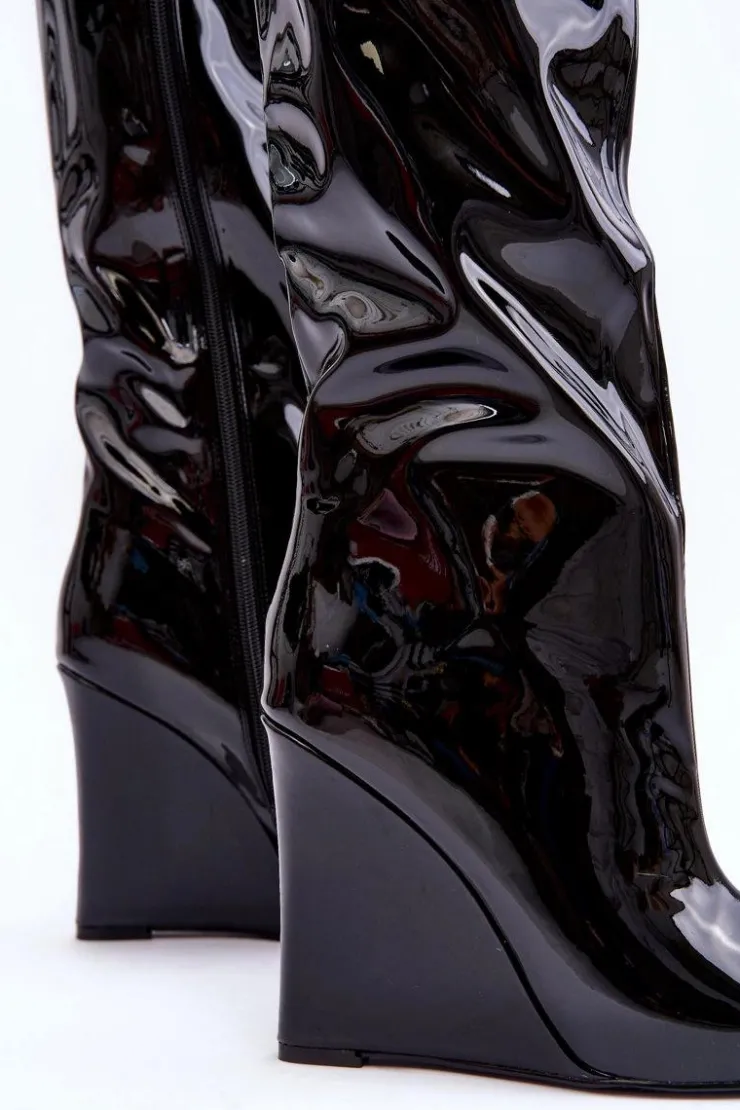 Damskie Boto Lakierowane Kozaki Na Koturnie Czarne Delinn