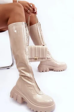 Damskie Boto Lakierowane Kozaki Na Masywnej Platformie Z Suwakiem Beżowe Ringo