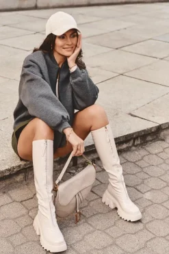 Damskie Boto Lakierowane Kozaki Na Masywnej Platformie Z Suwakiem Beżowe Ringo