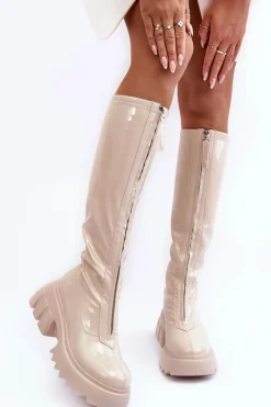 Damskie Boto Lakierowane Kozaki Na Masywnej Platformie Z Suwakiem Beżowe Ringo