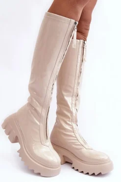 Damskie Boto Lakierowane Kozaki Na Masywnej Platformie Z Suwakiem Beżowe Ringo