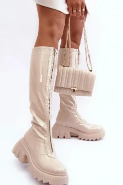 Damskie Boto Lakierowane Kozaki Na Masywnej Platformie Z Suwakiem Beżowe Ringo