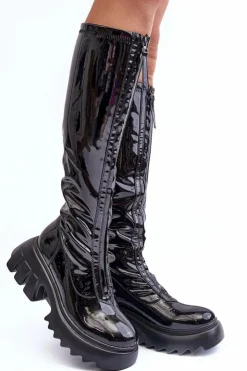 Sale Boto Lakierowane Kozaki Na Masywnej Platformie Z Suwakiem Czarne Ringo