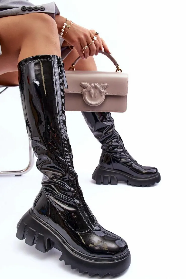 Sale Boto Lakierowane Kozaki Na Masywnej Platformie Z Suwakiem Czarne Ringo