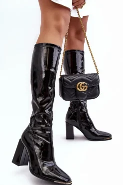 Boto Kozaki Wiosenne|Kozaki Przed Kolano*Lakierowane Kozaki Na Słupku Przed Kolano Czarne Mlokva