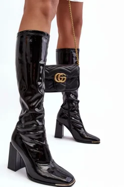 Boto Kozaki Wiosenne|Kozaki Przed Kolano*Lakierowane Kozaki Na Słupku Przed Kolano Czarne Mlokva