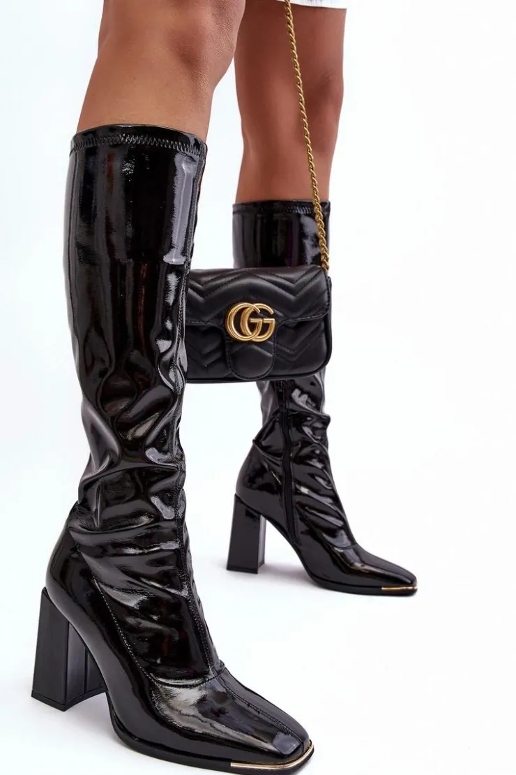 Boto Kozaki Wiosenne|Kozaki Przed Kolano*Lakierowane Kozaki Na Słupku Przed Kolano Czarne Mlokva