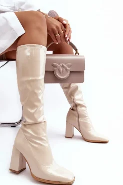 Damskie Boto Lakierowane Kozaki Na Słupku Przed Kolano Beżowe Mlokva