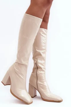 Damskie Boto Lakierowane Kozaki Na Słupku Przed Kolano Beżowe Mlokva