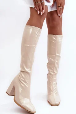 Damskie Boto Lakierowane Kozaki Na Słupku Przed Kolano Beżowe Mlokva