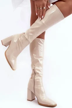 Damskie Boto Lakierowane Kozaki Na Słupku Przed Kolano Beżowe Mlokva