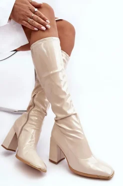 Damskie Boto Lakierowane Kozaki Na Słupku Przed Kolano Beżowe Mlokva