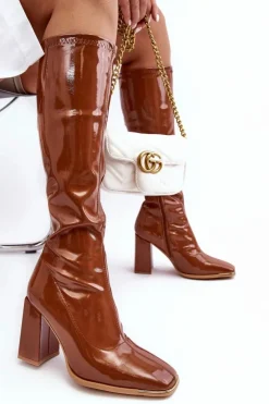 New Boto Lakierowane Kozaki Na Słupku Przed Kolano Brązowe Mlokva