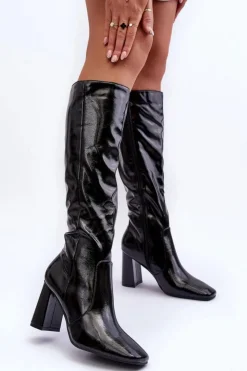 Damskie Boto Lakierowane Kozaki Na Słupku Czarne Nizo