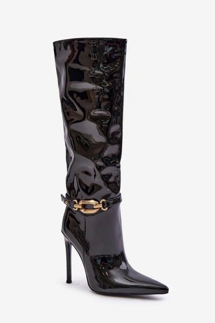 Damskie Boto Lakierowane Kozaki Na Szpilce Ze Złotą Ozdobą Czarne Tistaria